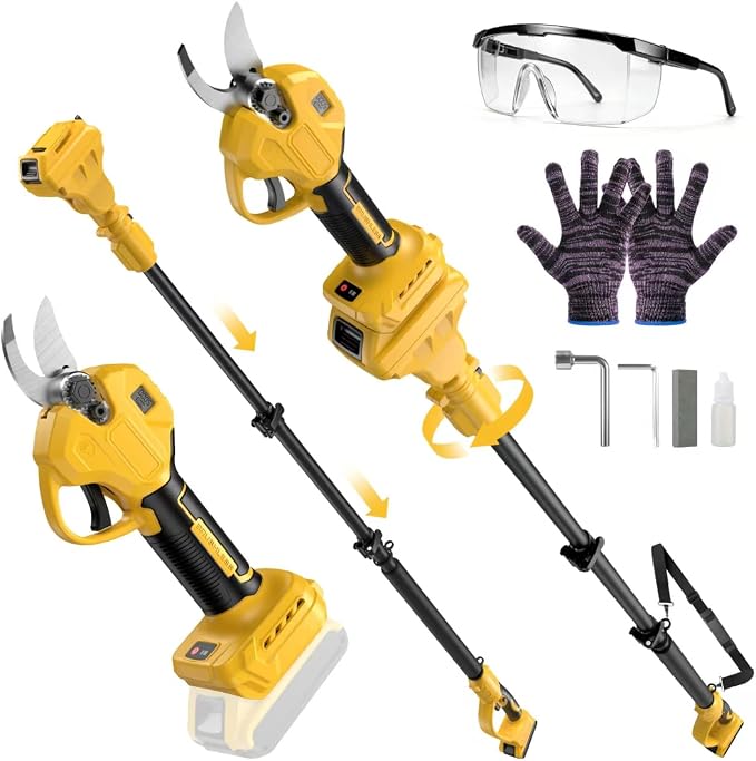 2-in-1 Electric Pruning Shears with Extension Pole Compatible with Dewalt 20V Max Battery(No Battery), Cordless Power Pruner with 15 FT Reach, 1.2" Cutting Diameter, LCD Display for Tree Trimming