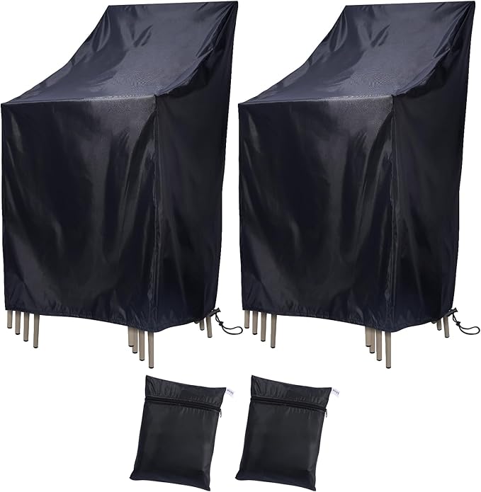 Stackable Patio Chair Covers, Outdoor Chair Covers Waterproof, Lawn Patio Furniture Covers, Fit for 4-6 Stackable Dining chairs Garden Chairs (Black - 2 Pack, 25"L x 25"W x 47”H)