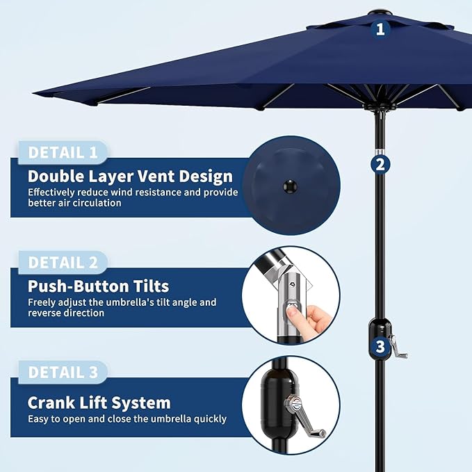 Garvee 9FT Patio Umbrella - Outdoor Table Umbrella with Crank Lift & Push Button Tilt - Market Umbrella 8 Sturdy Ribs UV Protection for Pool, Deck, Yard, Garden, Navy Blue