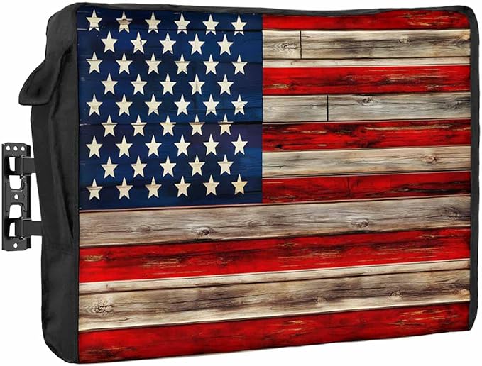 American Flag Outdoor TV Cover 80-85 Inches, Weatherproof & Waterproof, Red Striped Blue Star Enclosure with Remote Control Pocket, Vintage Wooden TV Screen Protectors