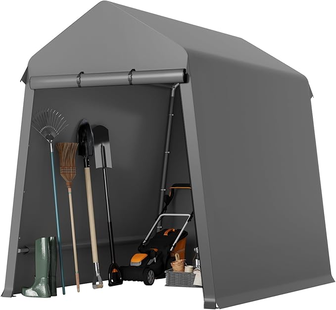 GarveeLife 7X12 ft Heavy Duty Outdoor Shed,Portable Storage Shed,with 2 Rolled Up Zipper Doors,Vents Carports & Waterproof Cover Temporary Shelter for Motorcycle,Gardening Tools and Generator(Grey)