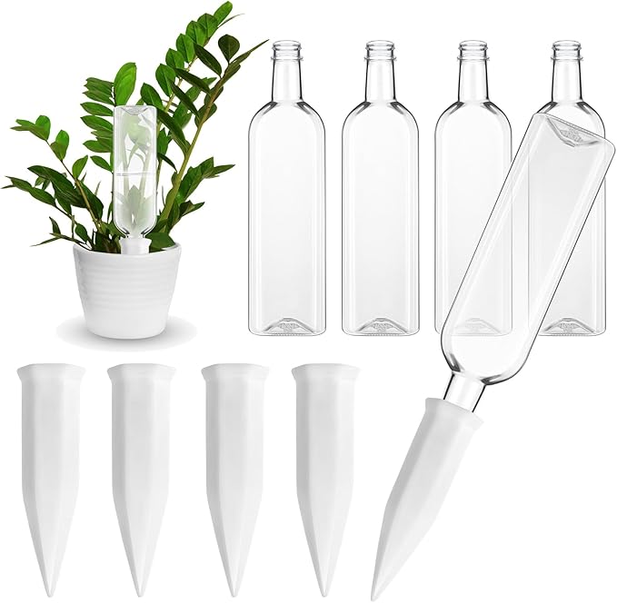 Ziliny 8 Pcs White Terracotta Watering Spikes with 25 oz Plastic Bottles Set, Plant Watering Devices Vacation Plant Waterer Self Watering Planter Devices Slow Release Planter for Indoor Outdoor