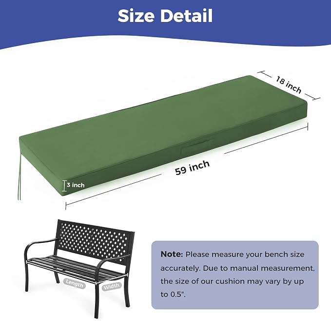 IPYNBAP Outdoor Bench Cushions for Outdoor Furniture, 59x18x3 Inch, Waterproof Bench Pillow, Fade Resistant Long Bench Seat Pads for Garden, Indoor, Porch Swing, Army Green