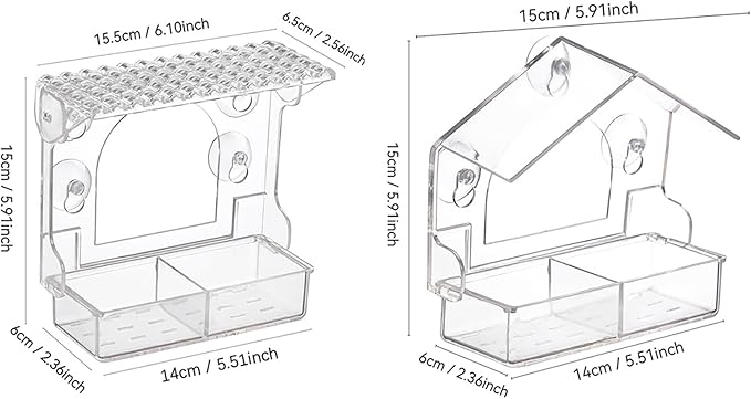 2PCS Window Bird Feeder with 4 Extra Strong Suction Cups, Clear Birdfeeders Bird House for Outdoors Window Viewing Outside, Removable Tray Birdhouse