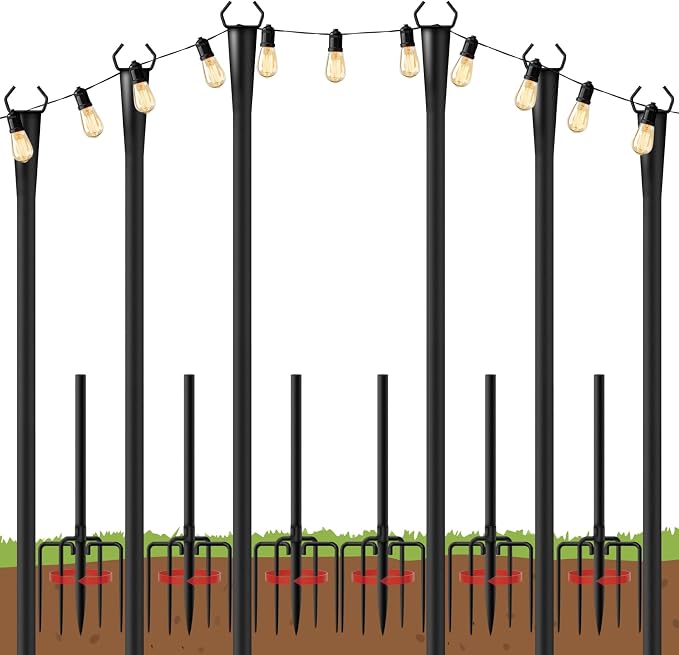 10Ft String Light Poles 6 Pack for Outside, Metal Outdoor Light Poles with 5 Prongs for Garden Patio Backyard Deck, Fence Bracket Hanging Light for Party Wedding Decor