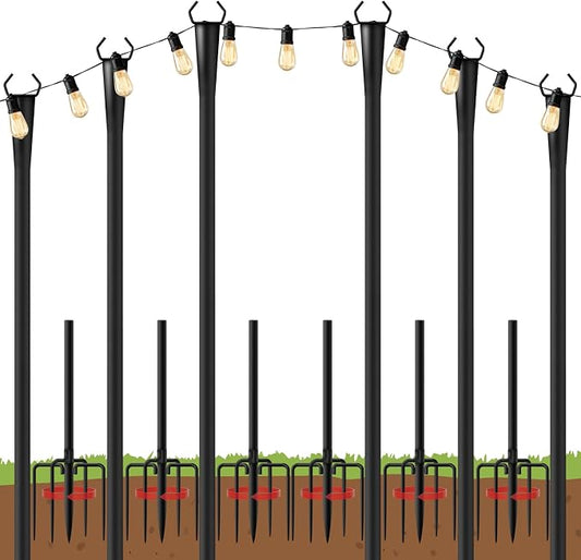10Ft String Light Poles 6 Pack for Outside, Metal Outdoor Light Poles with 5 Prongs for Garden Patio Backyard Deck, Fence Bracket Hanging Light for Party Wedding Decor