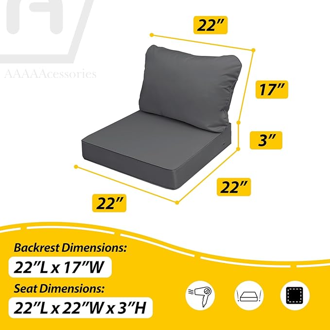 AAAAAcessories Outdoor Seat Cushions for Chairs, Fade-Resistant, Waterproof Patio Furniture Replacement Cushions, 22" x 22" x 3" + 22" x 17", Dark Gray