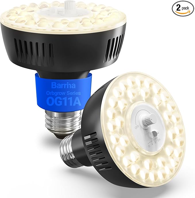 Barrina Orbgrow OG11A Grow Light Bulbs for Indoor Plants, Integrated Dimming & Timing, 4000K 22W(2 x 11W, 200 Watt Equiv), E26 Plant Light Bulb, Full Spectrum for Seeds and Greens, 2 Packs, Black