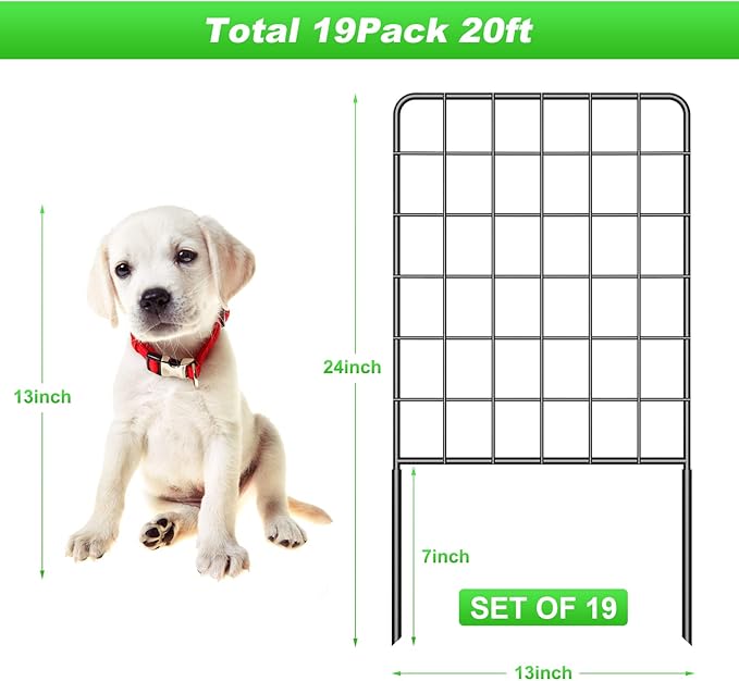 Decorative Garden Fence 19 Pack, 24in(H) x 20ft(L) Animal Barrier Fence, Rustproof Metal Fencing for Yard, Dog Rabbits Wire Section Garden Edging Border for Yard Patio Garden, Grid