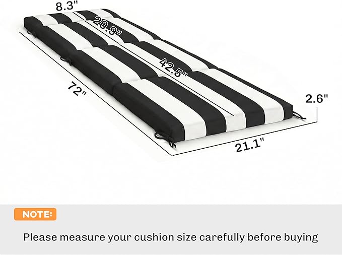 Outsunny Outdoor Chaise Lounge Cushions Set of 2, Chaise Lounge Cushions with 6 Ties, High-Density Foam, 72 x 21.1 x 2.6 Inch Water-Repellent and UV-Resistant for Patio, Poolside, Black and White