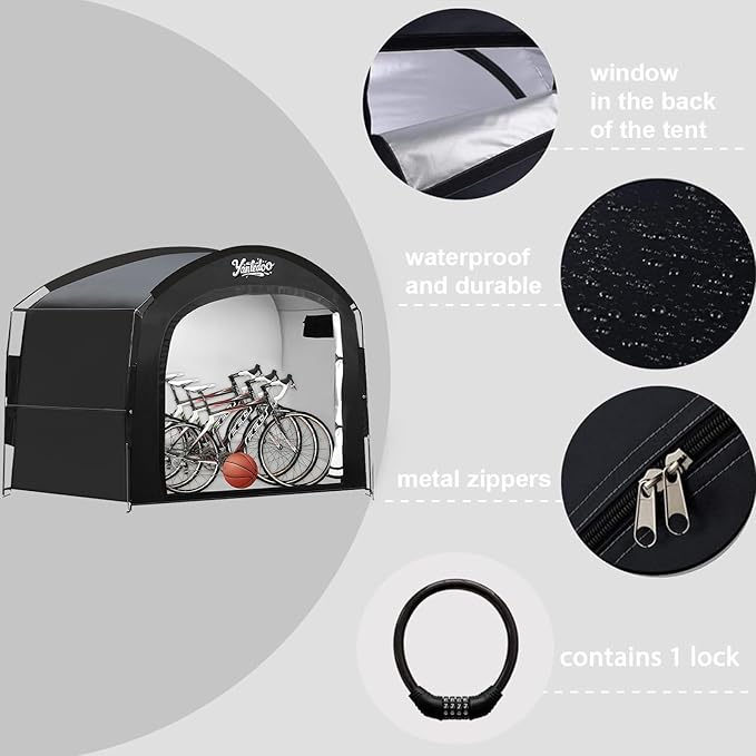 XXL Bike Storage Tent, Waterproof Portable Bicycle Shelter with 30% More Top Storage Space for 3-5 Bikes, Easy Setup Outdoor Bicycle Tent, Clips for Camping, Sports Equipment, Outdoor Storage, Black