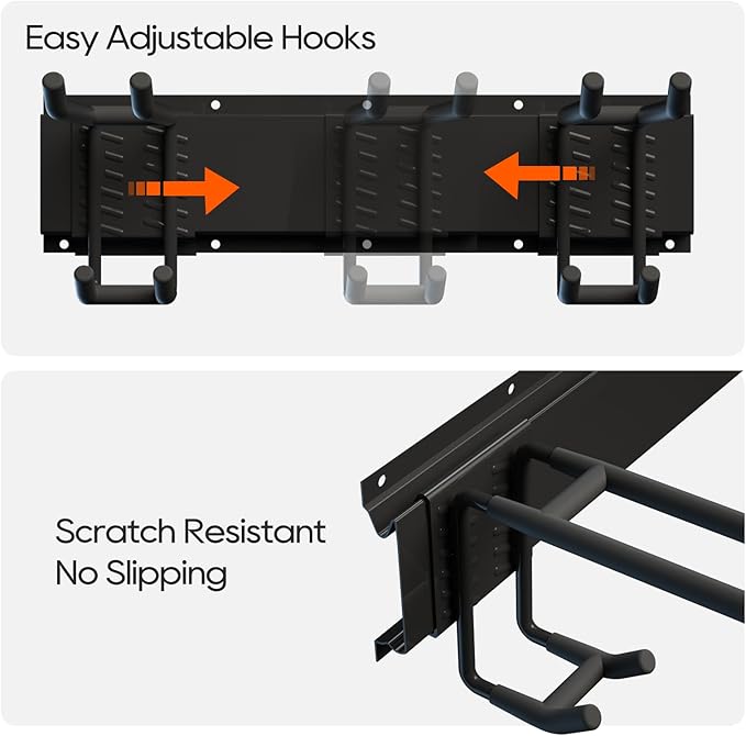 Wall Mount Garage Storage | Garden Tool Organizer | 350 lb Capacity Adjustable Steel Rails with 6 Rubber-Coated Hangers | Rustproof Carbon Steel Storage Rack for Garage, Shed & Outdoor Tools