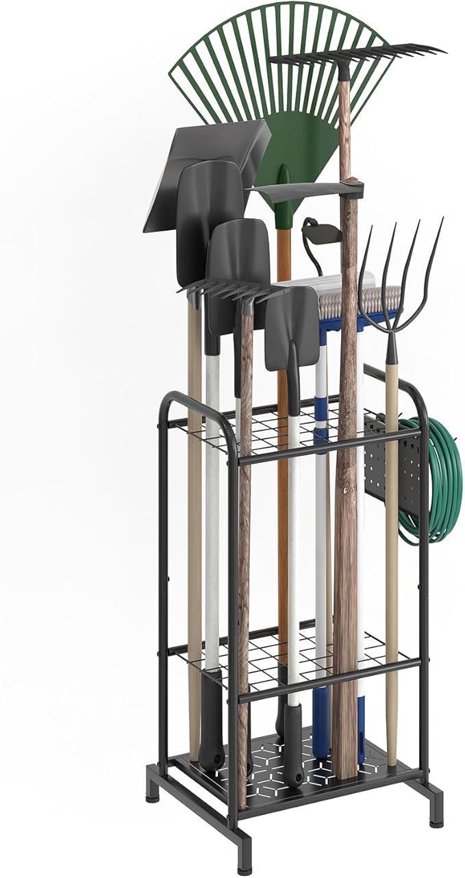 Garden Tool Organizer, Garage Tool Storage Rack, Heavy Duty Metal with Side Pegboard & Adjustable Hooks, Utility Racks for Shed, Patio & Outdoor Use