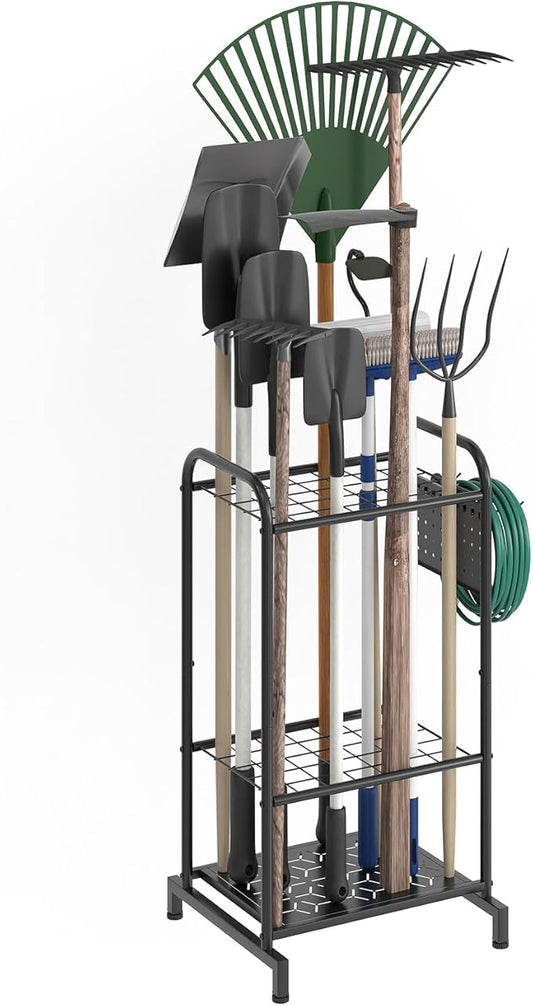 Garden Tool Organizer, Garage Tool Storage Rack, Heavy Duty Metal with Side Pegboard & Adjustable Hooks, Utility Racks for Shed, Patio & Outdoor Use