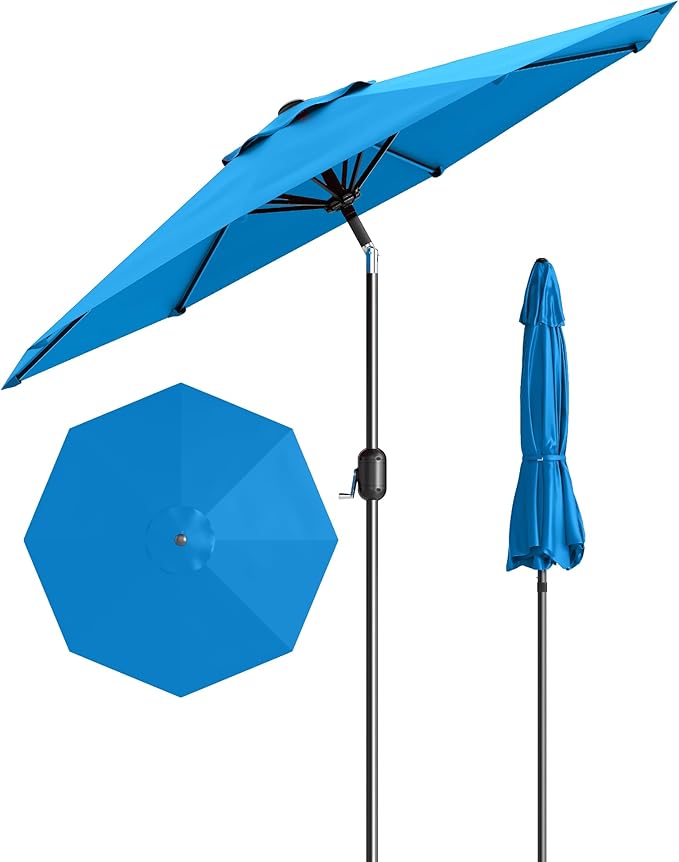 Garvee 9 ft Patio Umbrella - 8 Sturdy Ribs Outdoor Table Umbrella with Crank Lift & Push Button Tilt - Market Umbrella for Pool, Deck, Yard, Garden - Azure