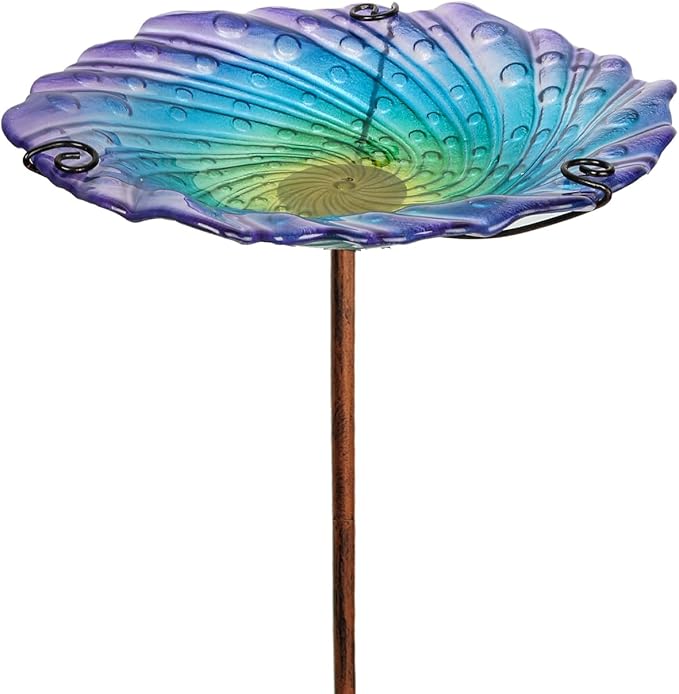 Blue Glass Bird Bath for Outside with Metal Stake 10.5" | Shallow Decorative Garden Birdbath Bowl or Feeder for Backyard Patio Lawn | Outdoor Water Dish for Small Birds