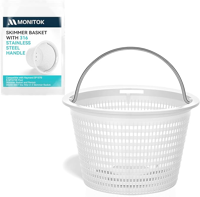 Pool Skimmer Basket for Inground Pools, Heavy-Duty with 316 Stainless Steel Handle & Built-in Weight, Compatible with Hayward SP1070/SP1070E Pool Basket and Pentair U-3 Skimmer Basket