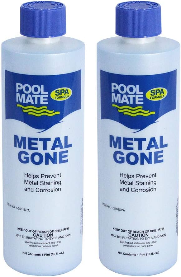 Pool Mate 1-Pint 2-Pack Metal Gone for Hot Tubs, Prevents Metal Staining, Made in USA