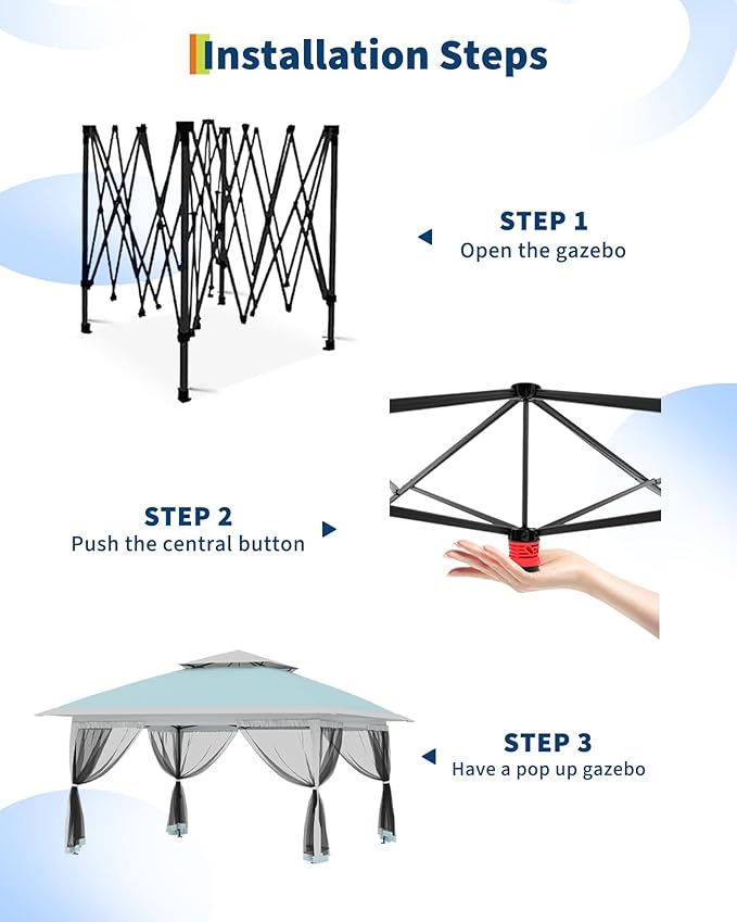 GarveeLife Canopy Tent 13x13 ft, Pop Up Gazebo One-Push Setup with 4 SandBags for Backyard Parties and BBQs, Mosquito Netting & Height Adjustable - Lake Blue