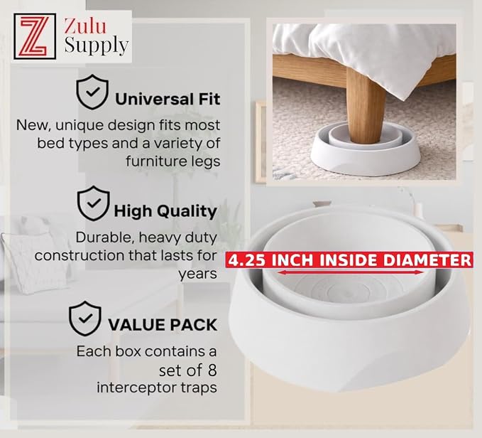Bed Bug Interceptor Traps – White 8-Pack Passive Monitor & Detection Trap – Universal Fit for Bed & Furniture Legs – Reusable Non-Climbable Wall Pest Control Protection (White 8-Pack)