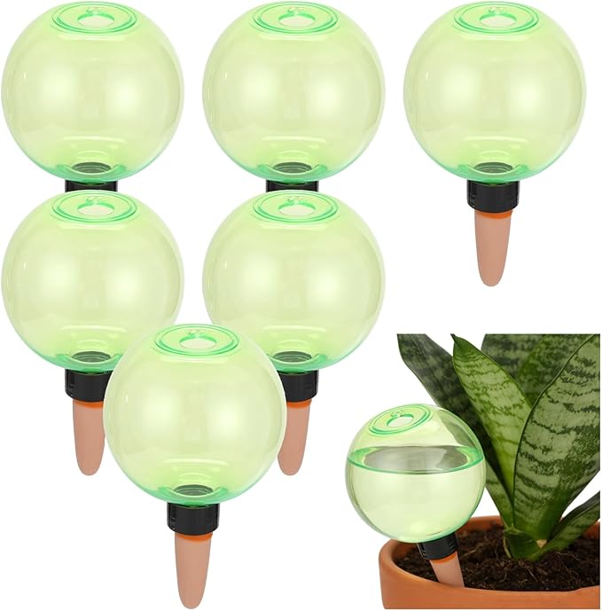 6 Pcs Self-Watering Globes, 17 oz Automatic Plant Watering Bulbs with Slow-Release Terracotta Spikes, Green Plastic Water Planters for Indoor and Outdoor