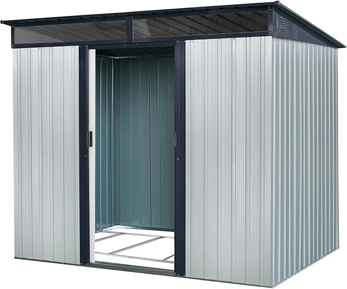 8x6 FT Outdoor Metal Storage Shed, Galvanized Steel Garden Shed, Foundation Frame, Ventilated Tool Storage House, Sloped Roof, Weather Resistant Backyard Shed for Lawn Equipment, White+Black