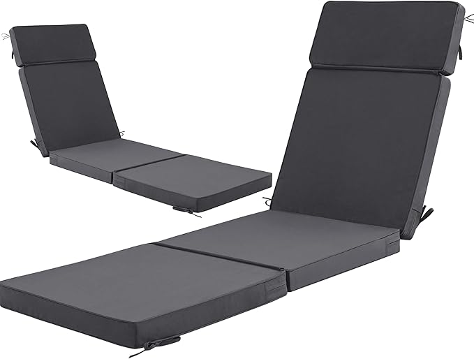 80 x 26 Inch Outdoor Chaise Lounge Cushions Set of 2 - Removable Cover, 4-Section Design, Water-Repellent & Fade-Resistant, 6 Tie Straps, Replacement for Patio & Pool Chairs - Dark Grey