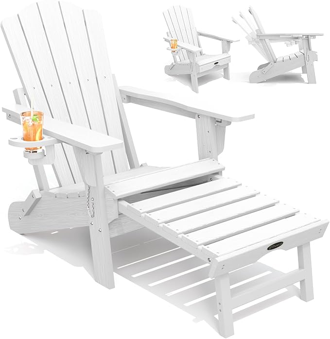 THOEOE Folding Adjustable Adirondack Chairs with Ottoman & 1 Cup Holders, HDEP Multifunctional Adirondack Chair with Footrest,White