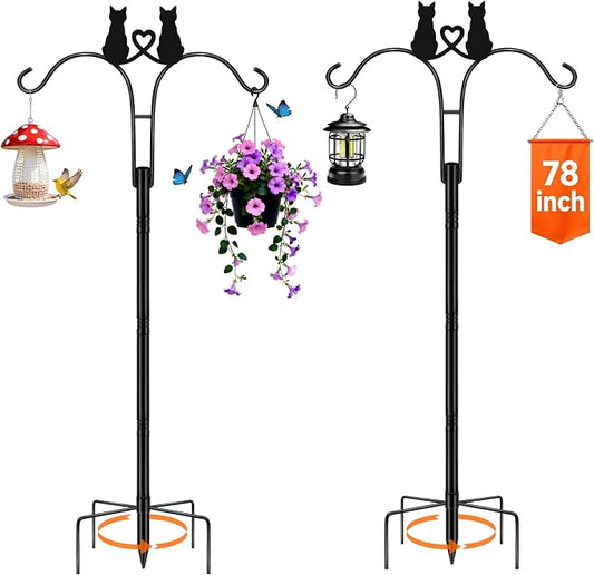 Double Shepherds Hooks for Outdoor, 2 Pack 78 Inch Bird Feeder Pole with 5 Prongs Base, Adjustable Heavy Duty Plant Hangers Cat Art for Outdoor Plants Hummingbird Feeder Hanging Basket Lantern
