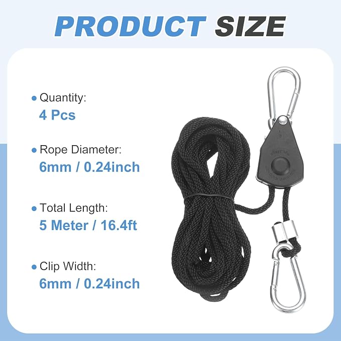 uxcell 4 Pairs 1/8" Adjustable Rope Hanger, 16.4ft(5 Meter) Heavy Duty Ratchet Tie Down Strap with Rope Clip Hanger for Hanging Plants, Grow Light and Various Tie-Down Uses, Black
