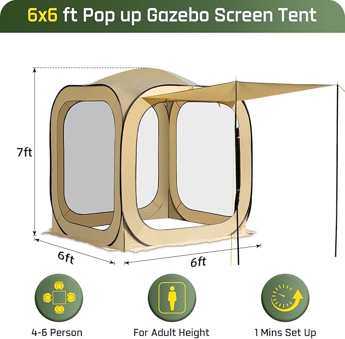 JELUCAMP 6x6 FT Pop Up Screen House Tent - Instant Screened Gazebo Canopy with Mosquito Net, Portable Backyard Tent for 4-6 People, Easy Setup Patio Shelter for Camping, BBQ, Sports & Outdoor