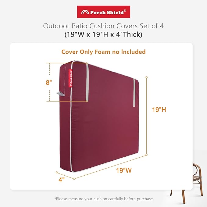Porch Shield Outdoor Cushion Slipcovers Patio Chair Seat Cushion Covers Set 4 Waterproof Fade Resistant 19 x 19 x 4 inch, Burgundy