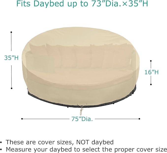 SunPatio Outdoor Daybed Cover, Heavy Duty Waterproof Round Canopy Sofa Bed Cover with Taped Seam, Patio Furniture Set Protector, All Weather Protection, 75"Dia x 35"/16”H, Beige