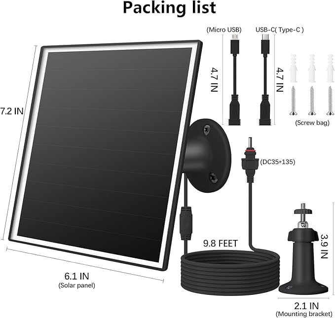 6W Solar Panel Charger for Outdoor Security Cameras. Micro USB/USB - C/DC (35 * 135) Fits Eufy/Wyze/Ring Camera, 9.8ft Cable,Waterproof Stabilization System for Battery Protection Fast Charging