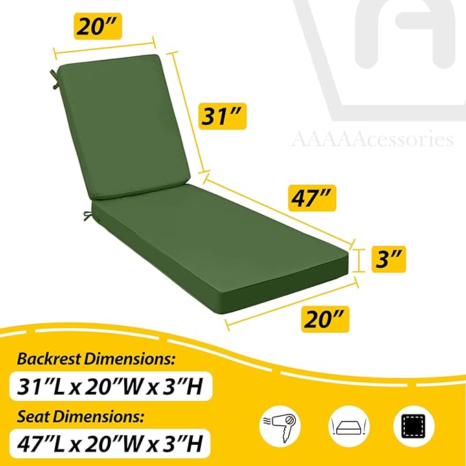 AAAAAcessories Outdoor Chaise Lounge Cushions, Fade-Resistant, Waterproof Patio Furniture Replacement Cushions, 78" x 20" x 3", Dark Moss Green