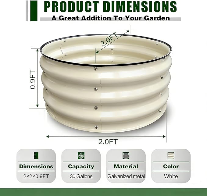 GrowHaus 2x2x1FT Galvanized Raised Garden Bed, Planter Boxes Outdoor Round Metal Garden Beds for Planting Vegetables Flowers Herbs Milk White