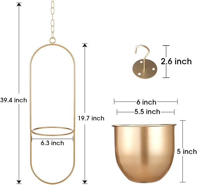 Shineloha 2 Pack Hanging Planters for Indoor Plants with 5.5" Pot + Ceiling Hook | Gold Hanging Planter, Gold Plant Hanger, NO Plant incld