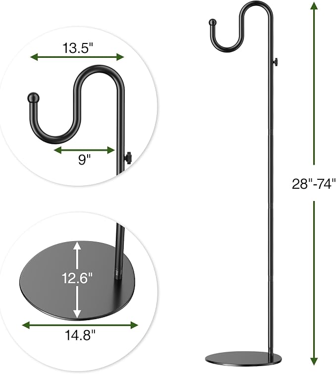 saffruff 74" Shepherds Hook Stand: Hanging Wind Chimes, Bird Feeders, Plants, Lanterns and Wreath, Adjustable Free Standing Pole Holder with Heavy Duty Base for Indoor & Outdoor, Holds Up to 20 LBS