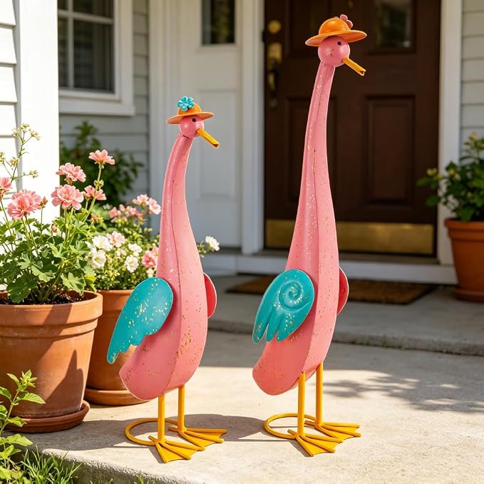 22" Duck Garden Statue Set of 2 Metal Ducks | Outdoor Decor Porch Animal Figurine Yard Art Sculptures Rustproof Lawn Ornament for Outside Patio Backyard Decorations