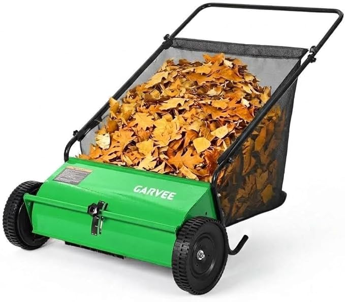 Push Lawn Sweeper, 26-Inch Width, 7 Cu. ft. Hopper Capacity, 4 Spinning Brushes, Adjustable Height, Durable Steel Frame with Rubber Wheels, Ideal for Leaves and Grass