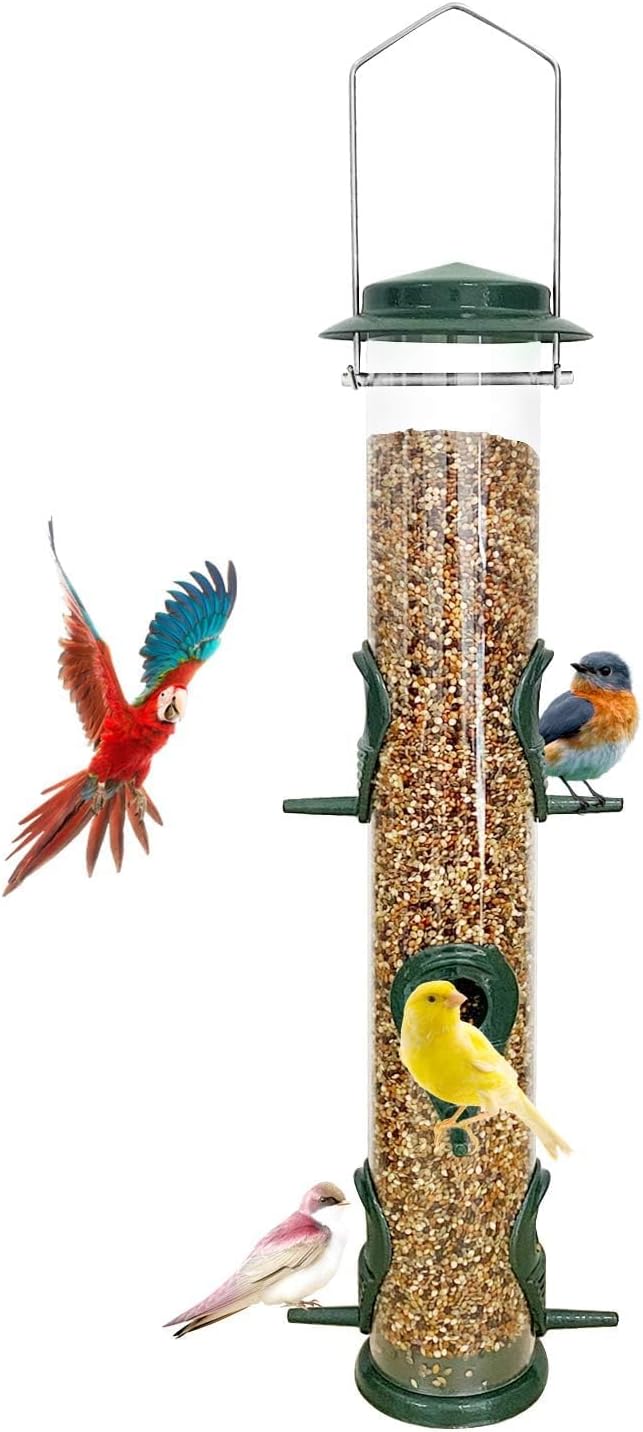 MIXXIDEA 1PK Metal Bird Feeders with 6 Feeding Ports,Tube Bird Feeder with Steel Hanger,Hard Plastic Wild Bird Feeder for Outdoors Hanging, Attracting Birds in Your Lawn, Garden, Balcony–Green
