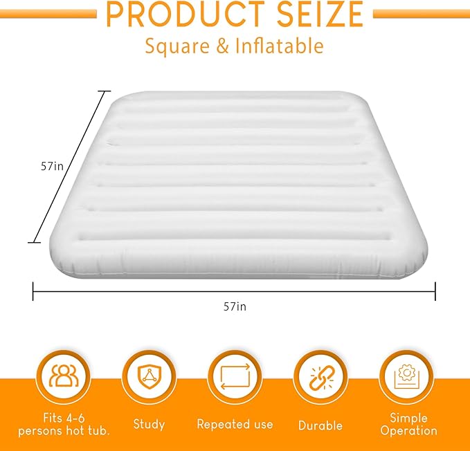 Inflatable Hot Tub Cover for Square Hot Tub Spa Cushion Support, Universal 57x57in Inflatable Cover Square Top Lid, Dustproof Rainproof Insulated Energy Saving Lid，Spa Covers for Hot Tub