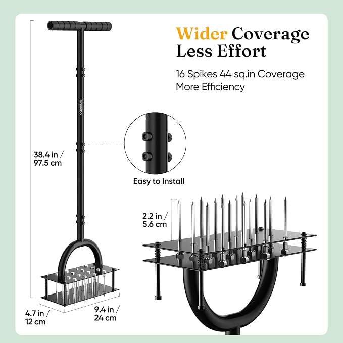 Grenebo Lawn Aerator Manual Aerator Lawn Tool with 16 Spikes, Metal Grass Aerator for Yard, Lawn Aeration, Automatic Soil Ejection, Pre-Assembled Lawn Aerator Tool (Black)