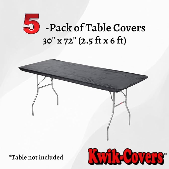 Kwik-Covers 6' Rectangle Plastic Table Covers 30" x 72", Bundle of 5 (Black)
