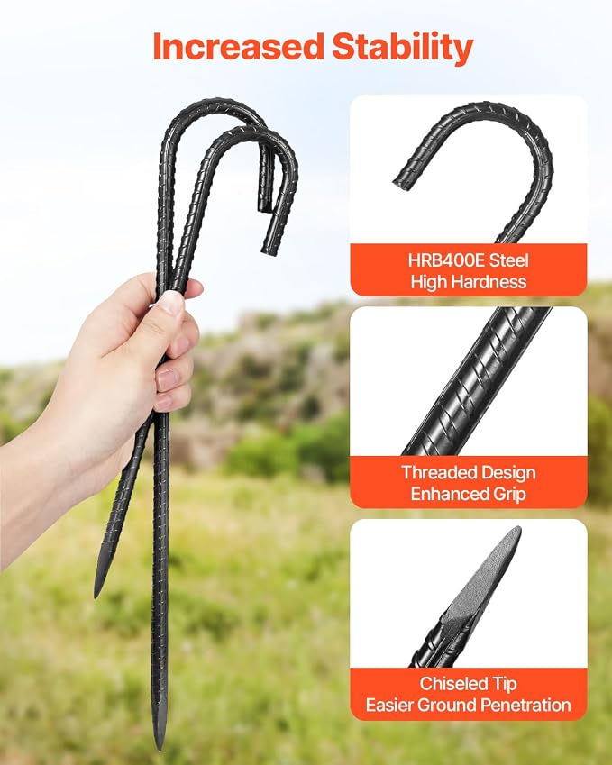 VEVOR Rebar Stakes, 16-Inch, Heavy-Duty 0.4 in Diameter J Hook, Galvanized Steel Ground Anchors with Chisel Point End & Rust-Resistant Coating, for Gardening Support, Fence, Camping Tents (16-Pack)