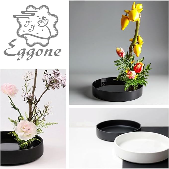 8.5inch Japanese Ceramic Ikebana Vase Kit with 2.4inch Metal Floral Frog Round Stems Holder, Japanese Flower Arranging Supplies Kenzan Flower Container (White)