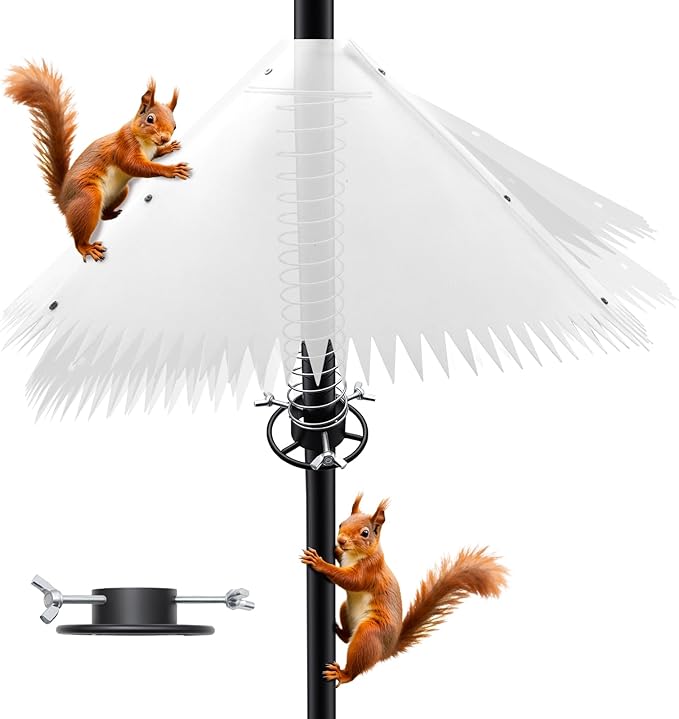 Squirrel Baffle for Bird Feeder Pole, White Squirrel Guard Baffle with Steel Spring, Outside Pole Mount Bird House Guard for Outdoor Stand Mount and Hanging Stops Squirrels and Raccoons