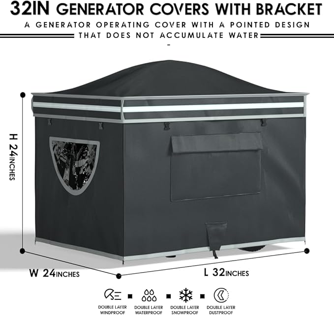 Generator Tent With Bracket, Generator Cover Whlie Running, 32X24X24 inches, Roof Design Without Water Accumulation, 1680D Marine Canvas Production+Heavy-Duty Stainless Steel Bracket, Black