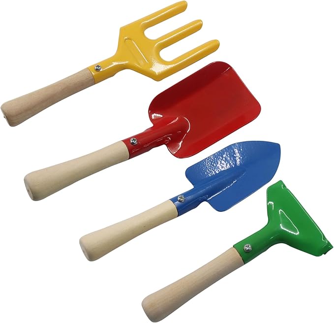 Piutouyar 4 Pack Metal Garden Tool Set, Mini Colorful Beach Tool for Kids, Shovels/Rake/Trowel/Fork Children Beach Sand Tools with Wooden Handle