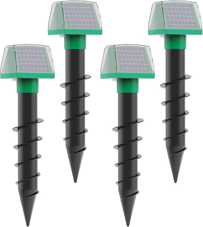 Mole Repellent Screw Solar Powered Gopher Deterrent Stake for Outdoor Lawns with Electic Vibration, Repels Snake Vole Groundhog Armadillo from Yard and Garden (4 Pack)